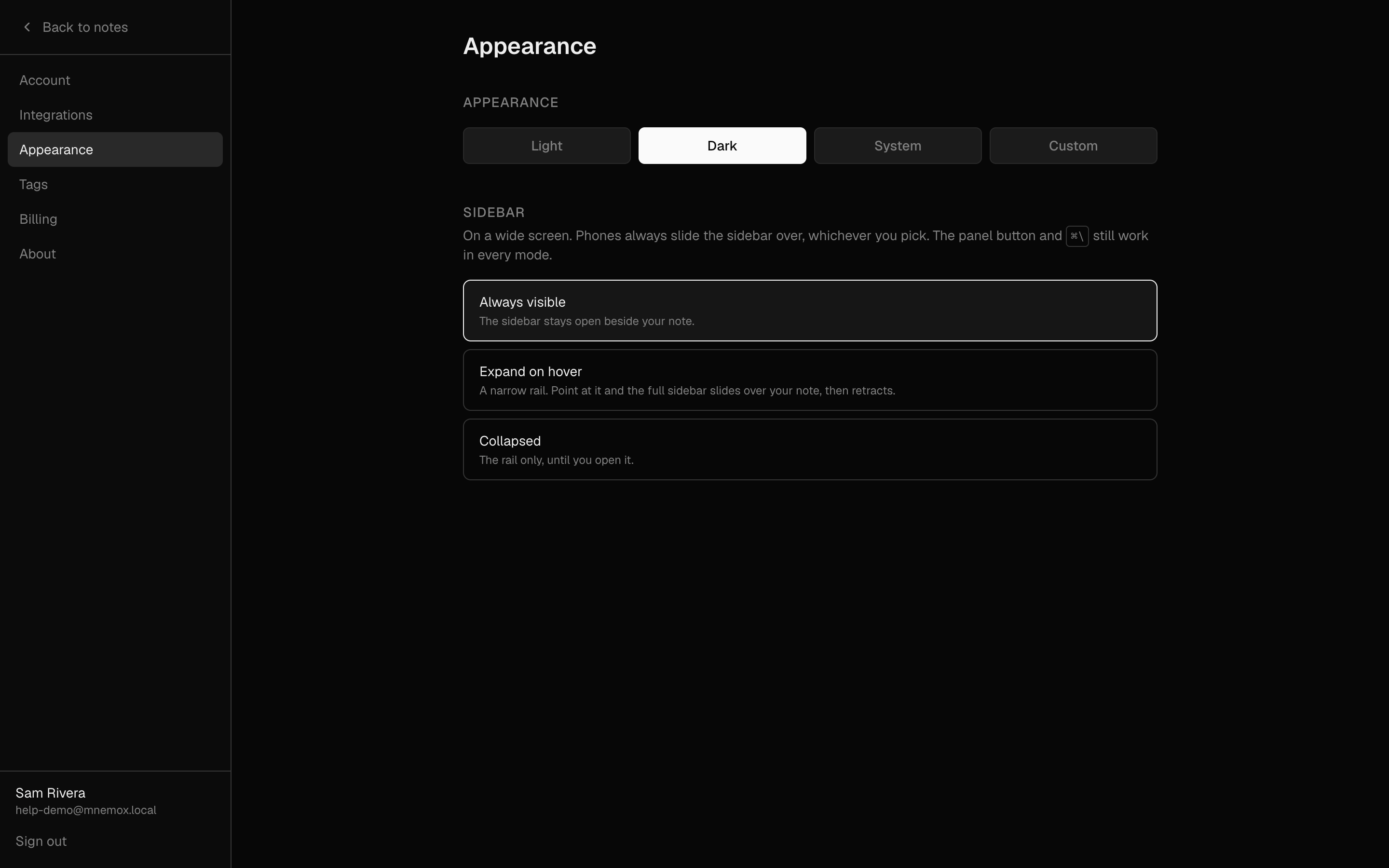 Settings → Appearance with Light, Dark, System and Custom themes