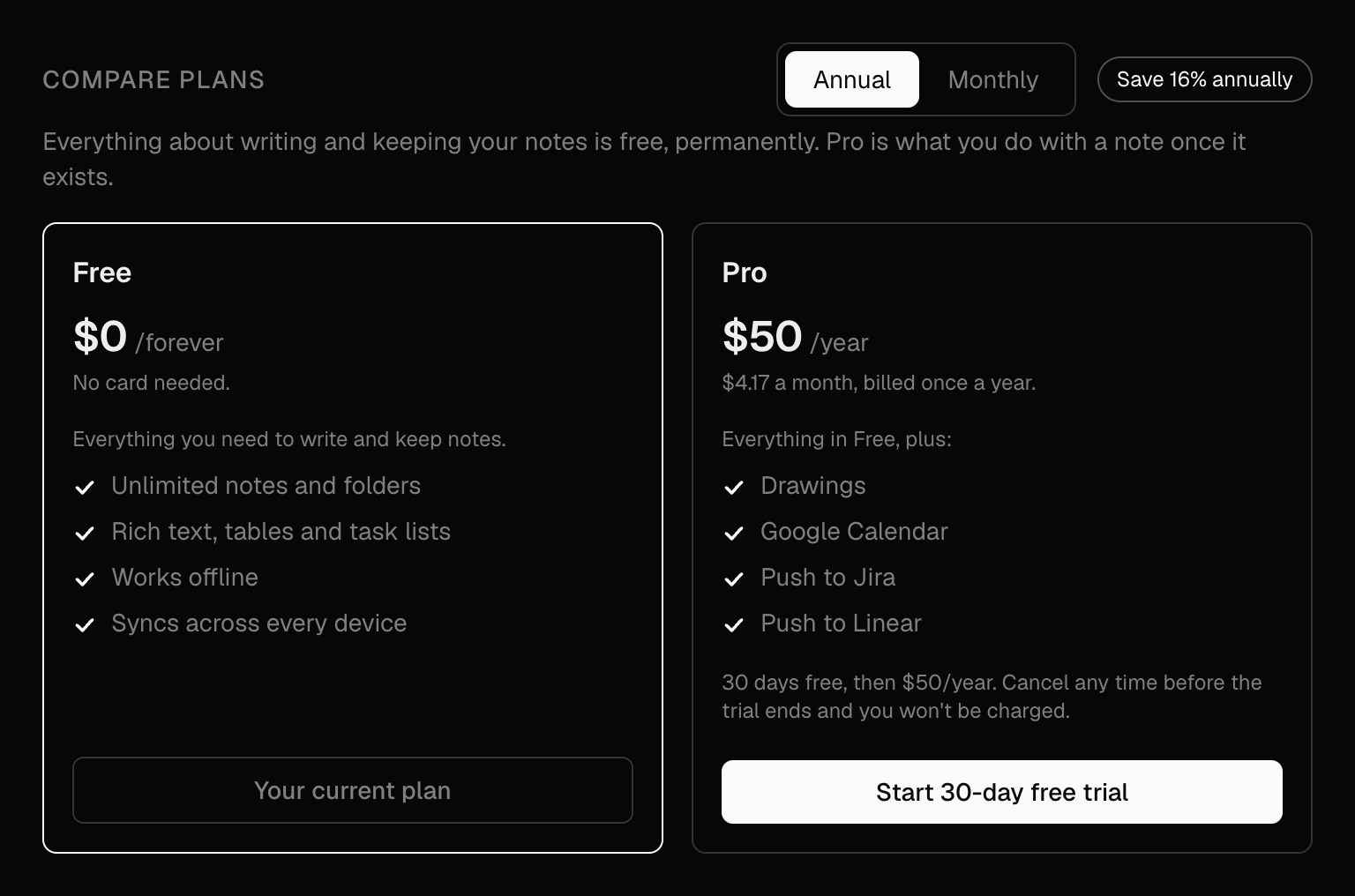 Settings → Billing comparing Free and Pro, with the Annual and Monthly switch and Free marked as your current plan