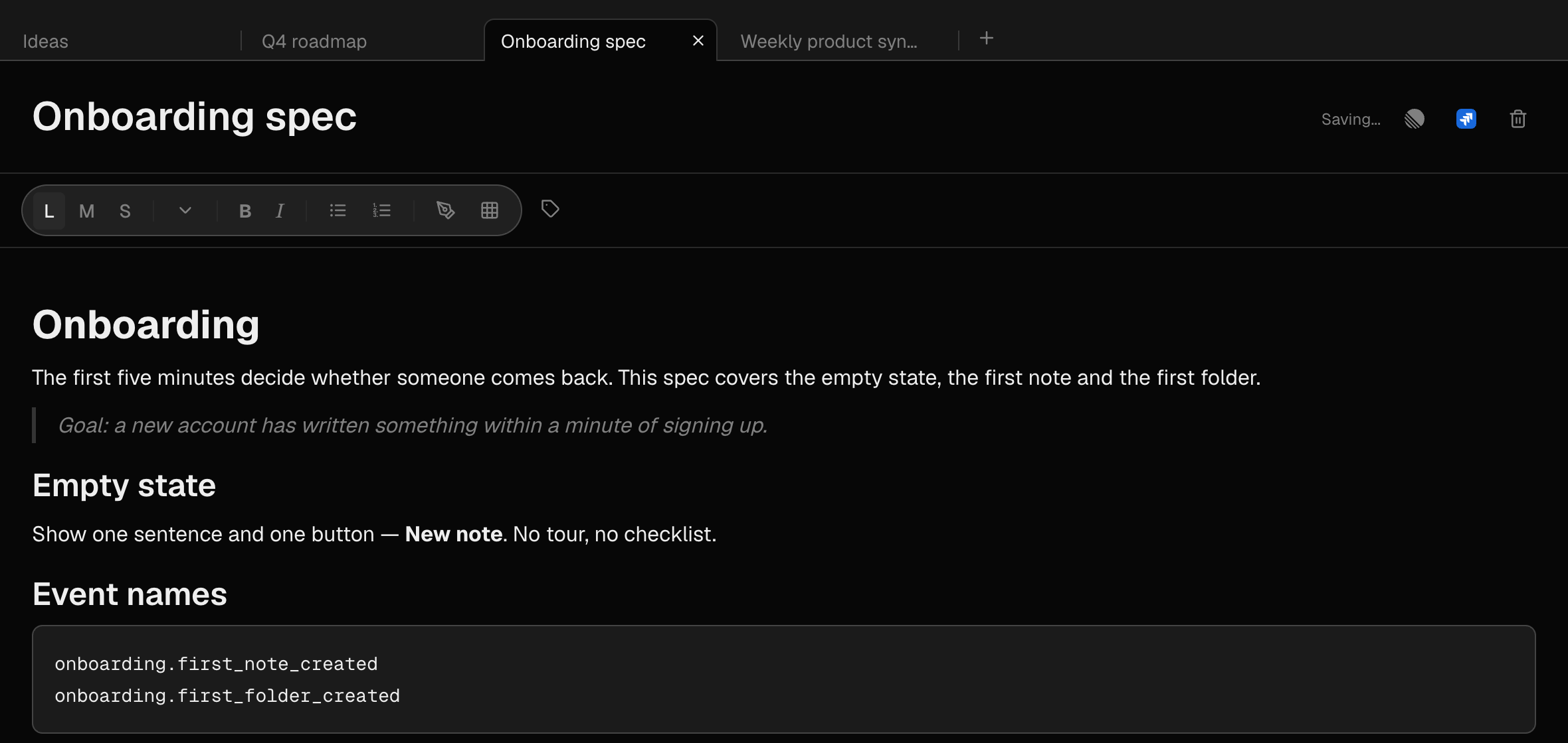 A note with headings, a quote and a code block, with the formatting toolbar above it