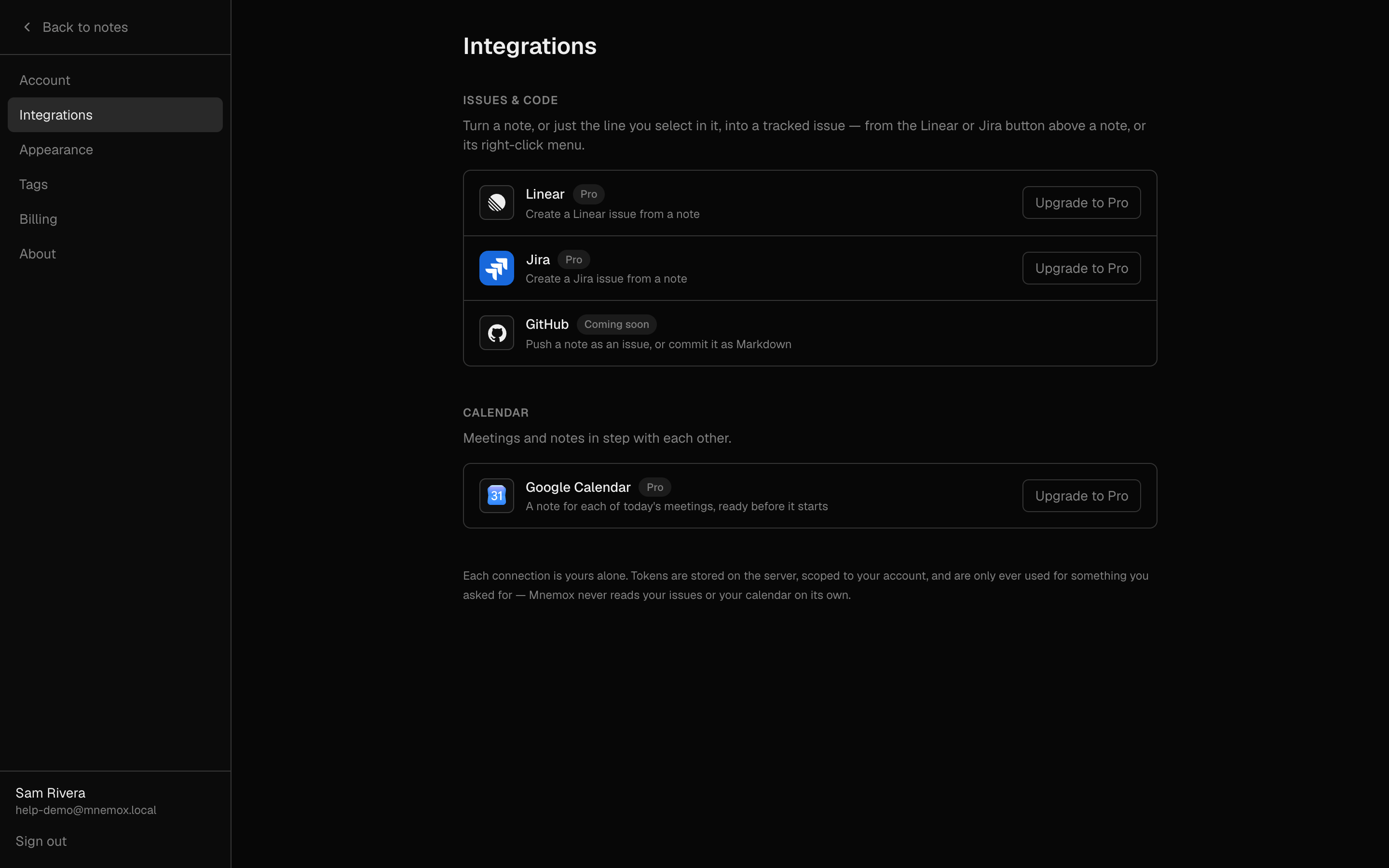 Settings → Integrations listing Linear, Jira and Google Calendar with their connection state
