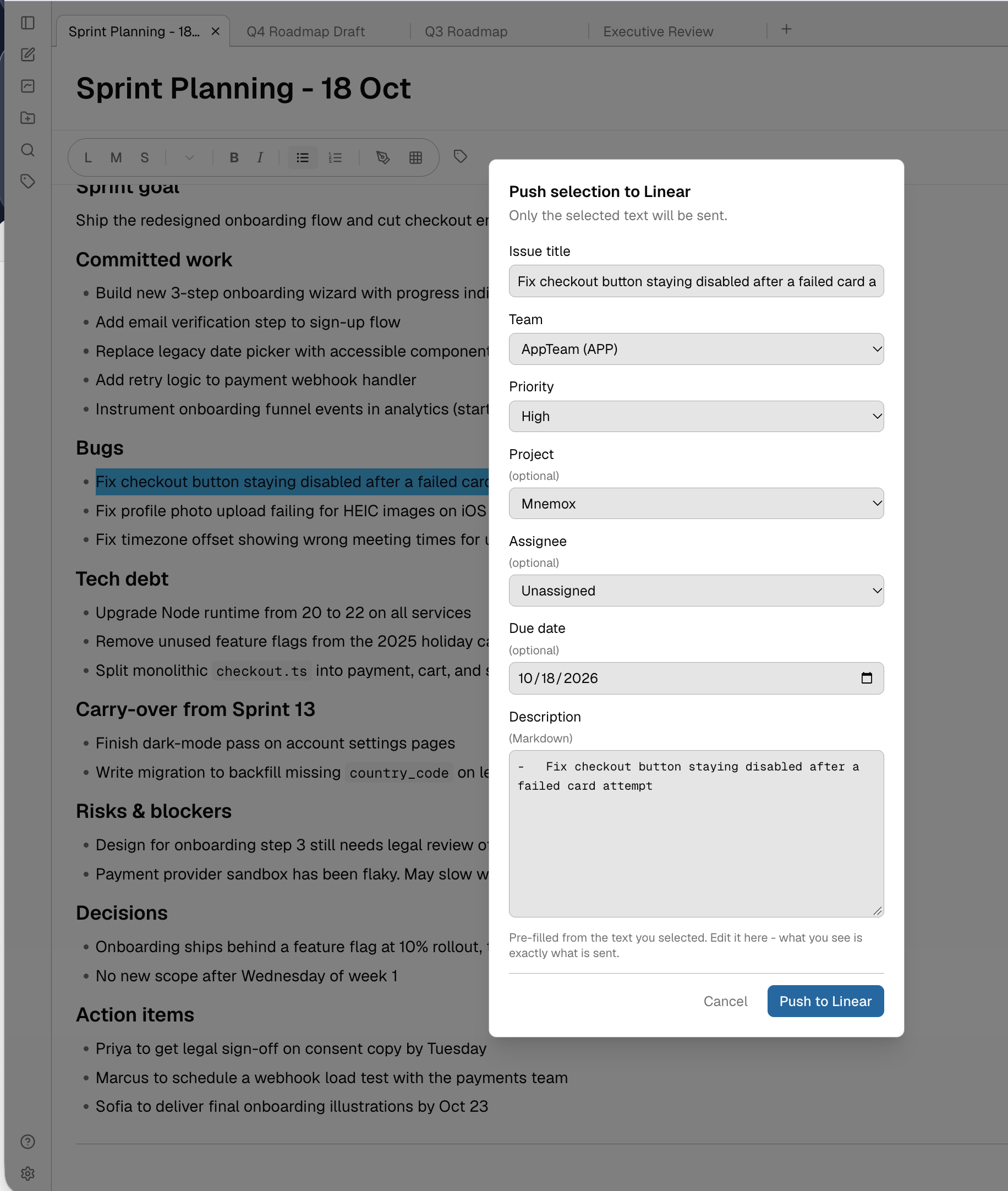 The Push to Linear dialog with team, project, assignee and priority fields and a Markdown description