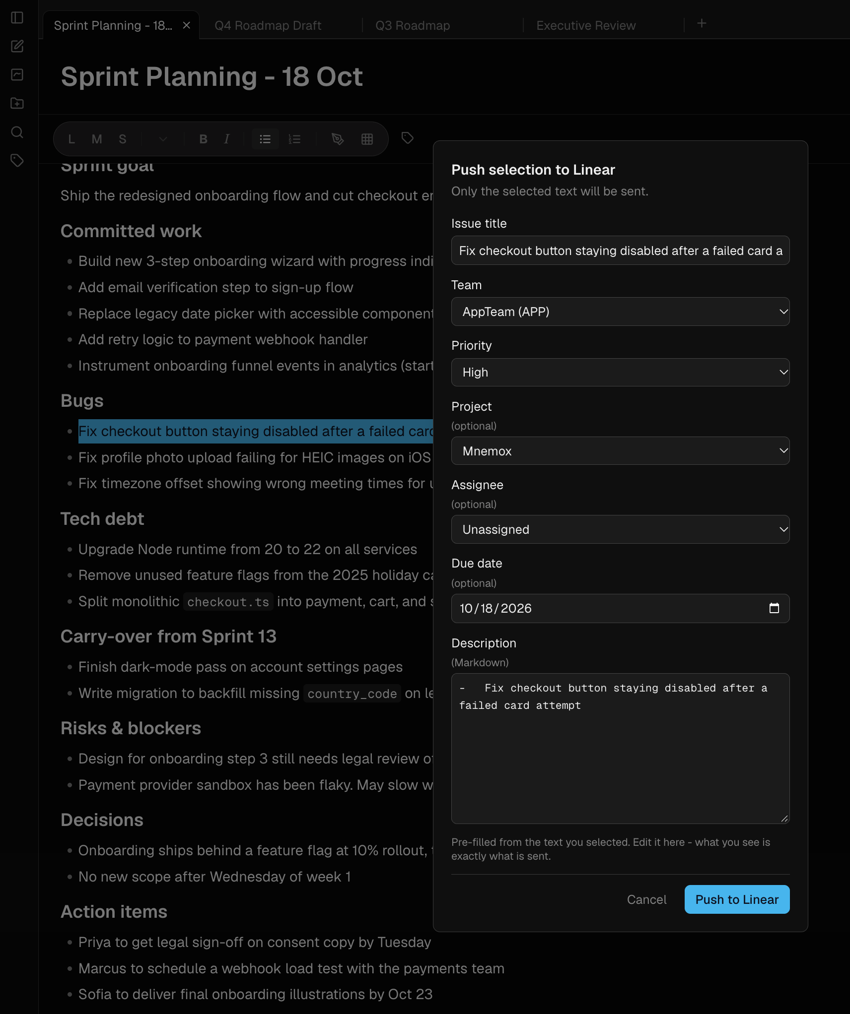 The Push to Linear dialog with team, project, assignee and priority fields and a Markdown description