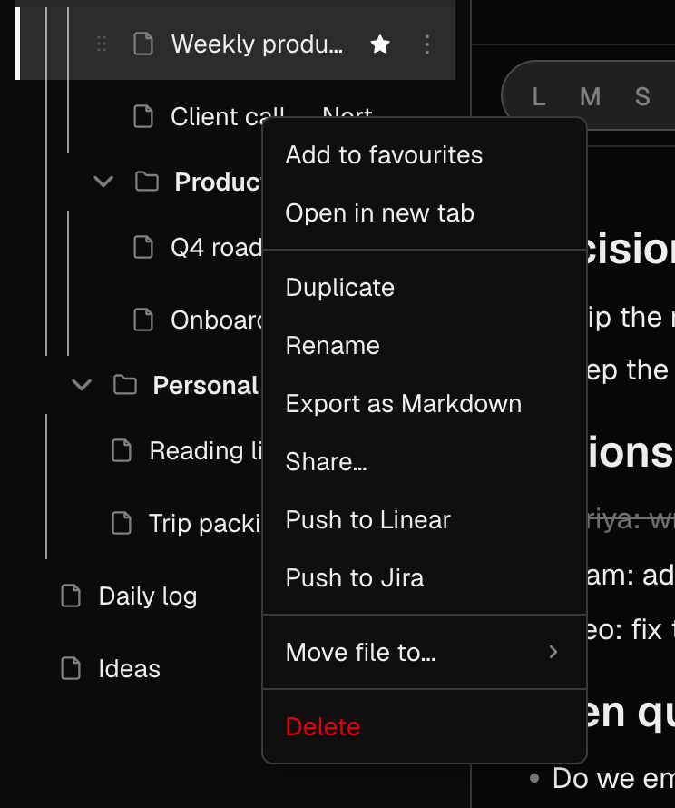 The right-click menu on a note, listing Open in new tab, Add to favourites, Duplicate, Rename, Export as Markdown, Share, Push to Linear, Push to Jira, Move file to and Delete