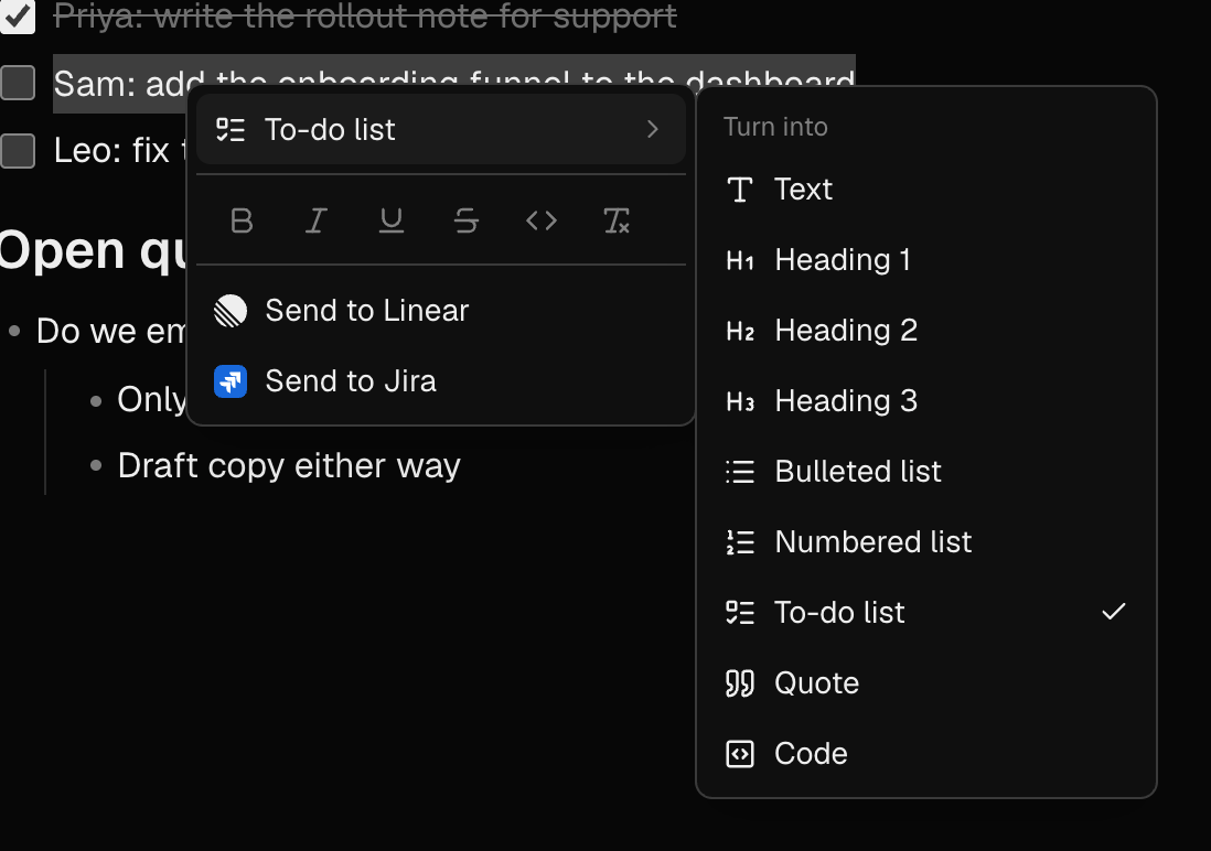 Selected text with the right-click menu open: Turn into, the formatting icons, and Send to Linear and Send to Jira