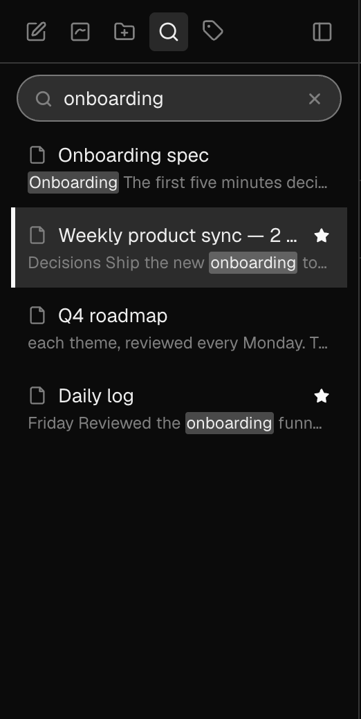 Search results in the sidebar with the matching phrase highlighted under each note title