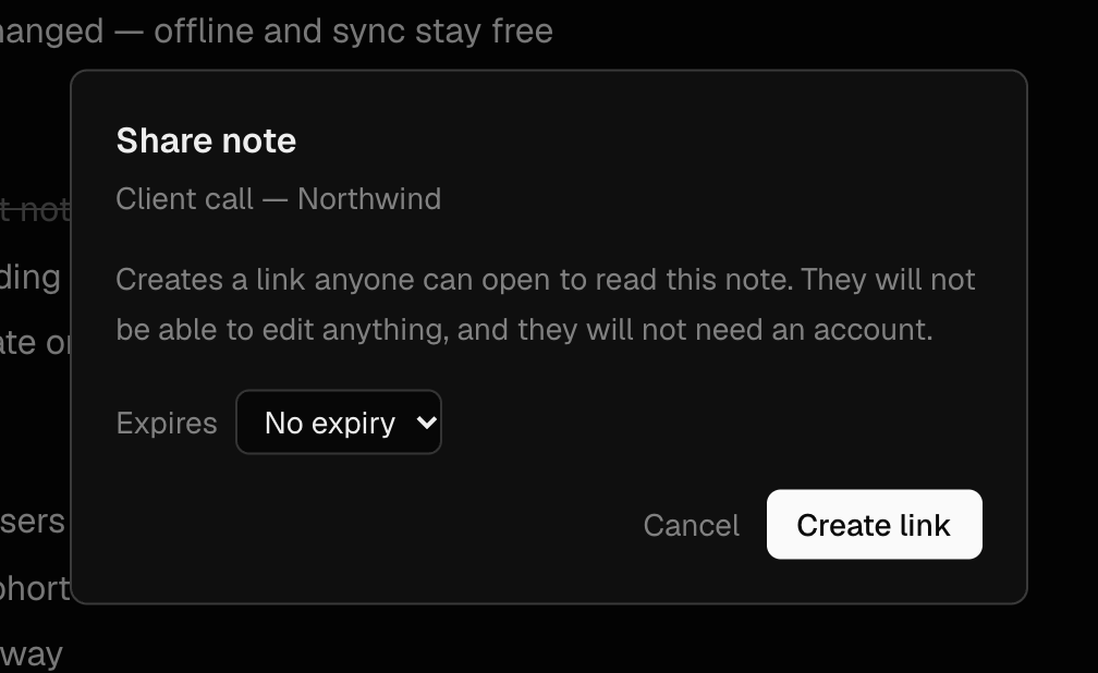 The Share dialog with the expiry choices and a Create link button