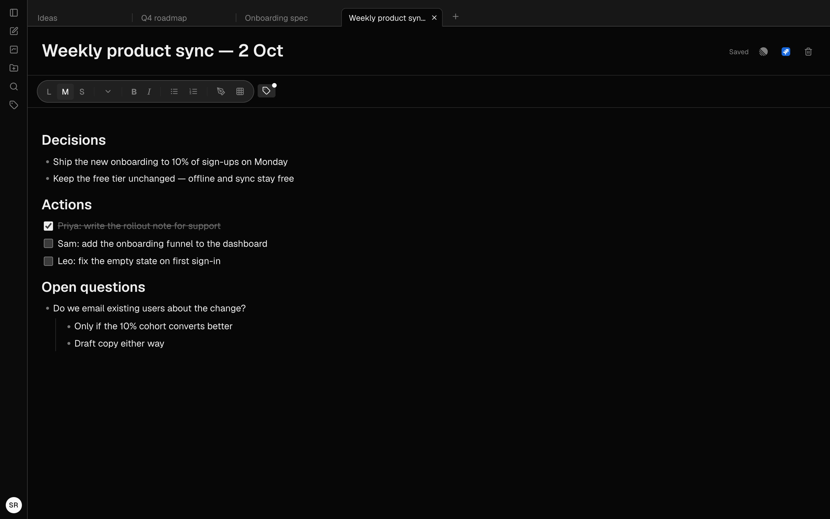 The sidebar collapsed to a narrow rail beside a note, giving the note the full width
