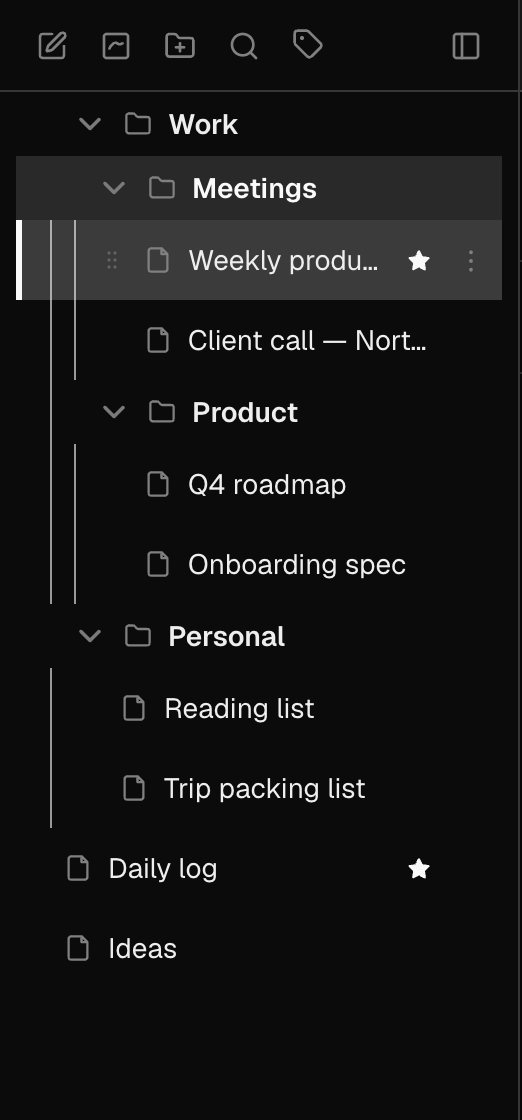 The sidebar showing nested folders, notes inside them and unfiled notes below