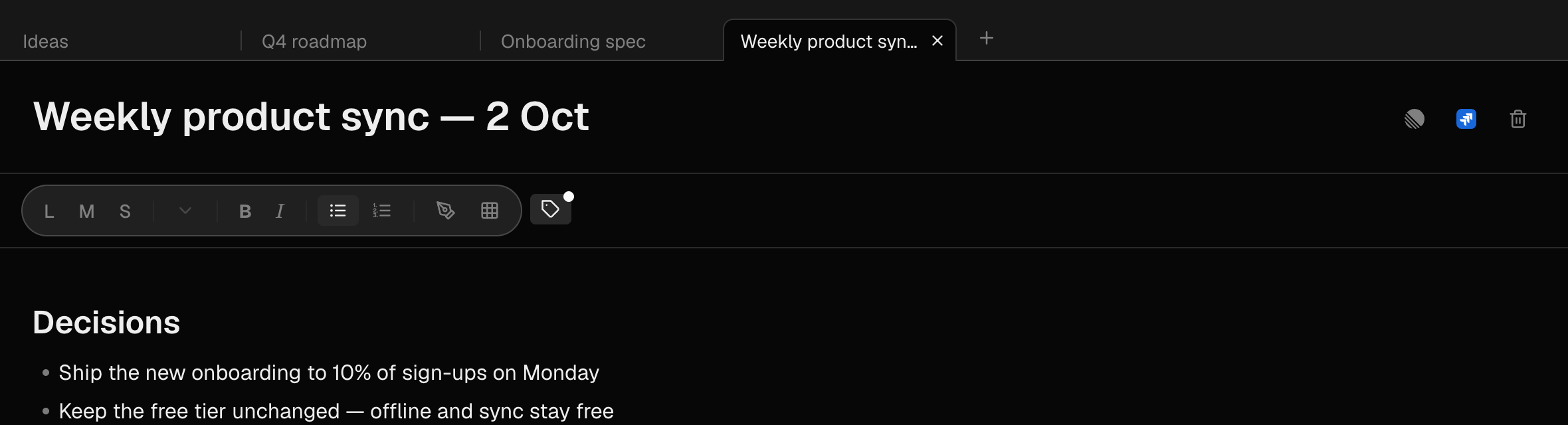 Three notes open as tabs above the editor, with the active tab highlighted