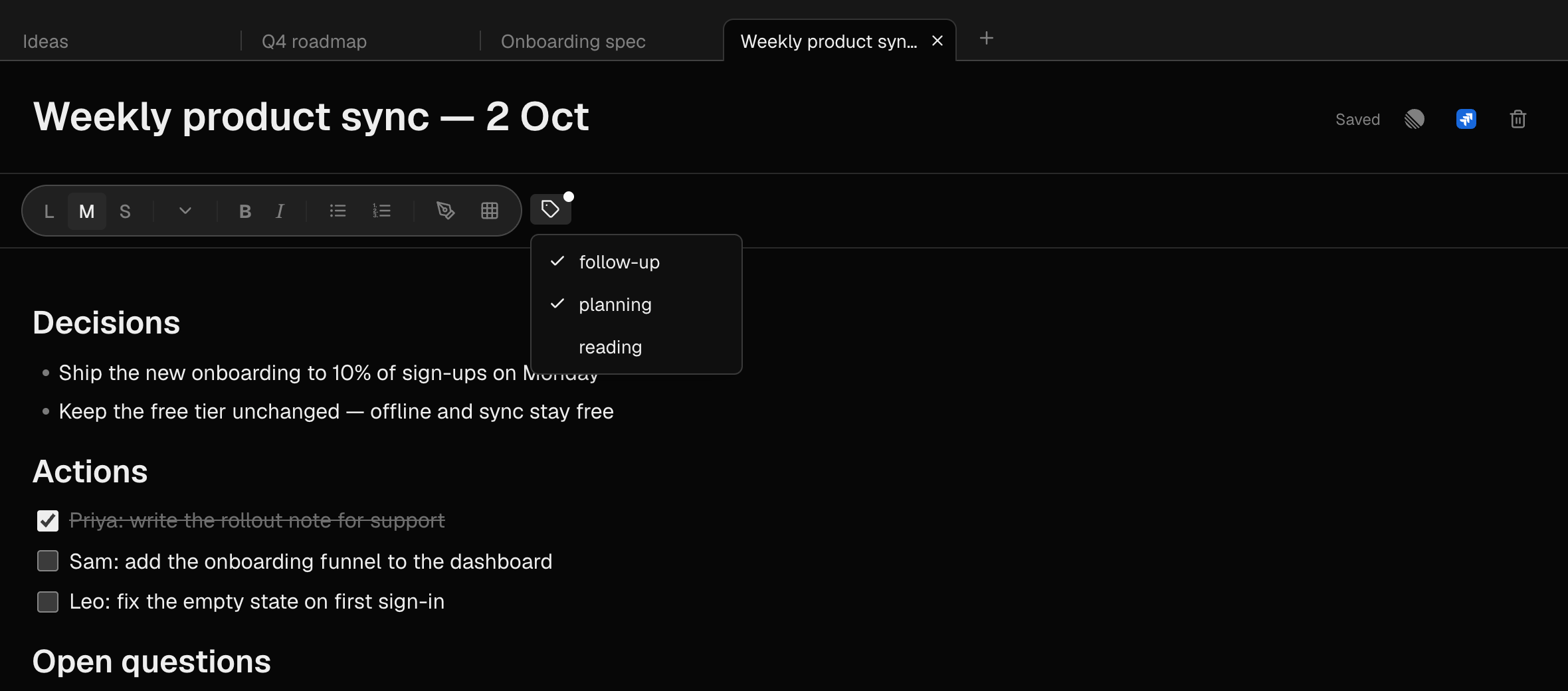 The tag picker open in a note's formatting toolbar, with tags ticked